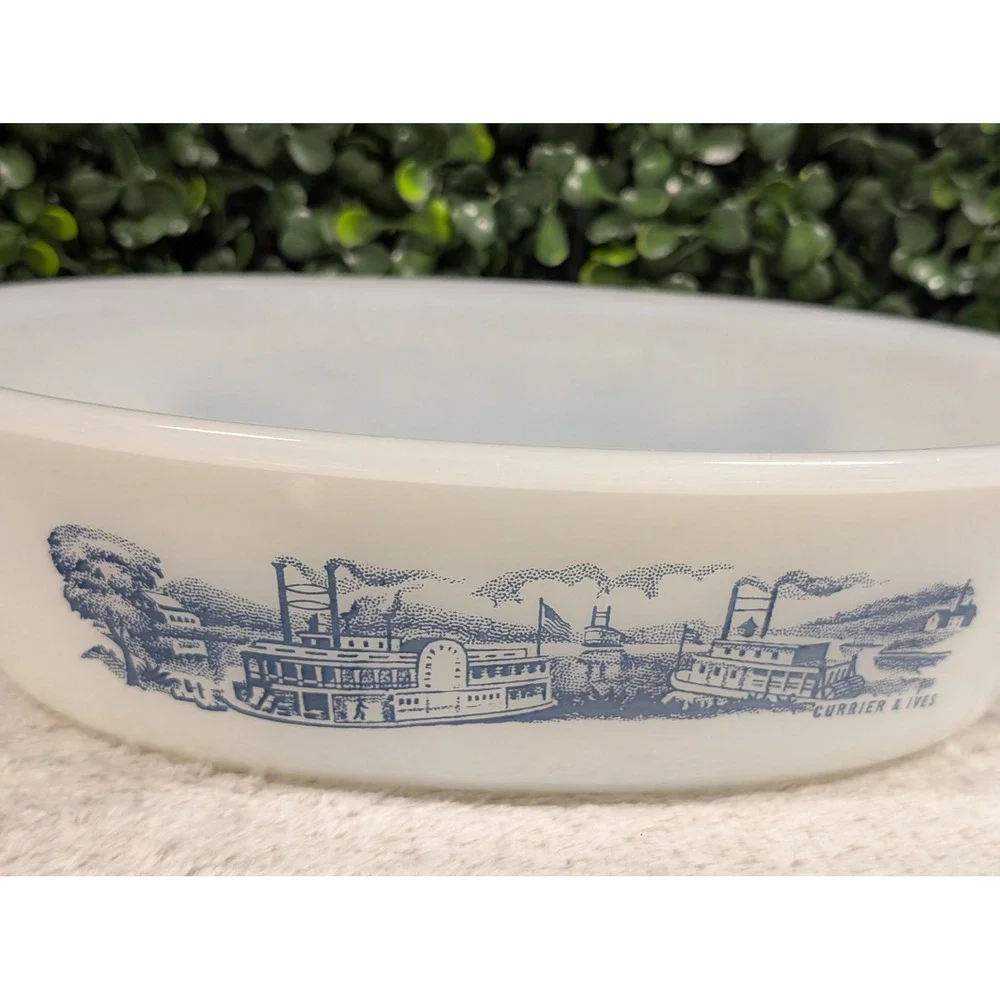 Vtg Glasbake Currier & Ives Blue Steamboat Milk Glass Oval Casserole Dish w/ Lid
